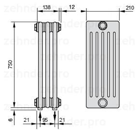Схема (чертеж) Радиатор Zehnder Charleston 6075/3 №5310 Белый глянцевый RAL 9016